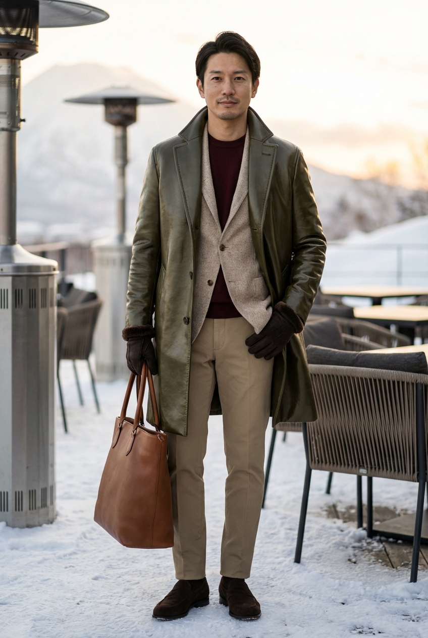 ニセコの夕景に映えるオリーブの装いとダークブラウンのシアリンググローブ