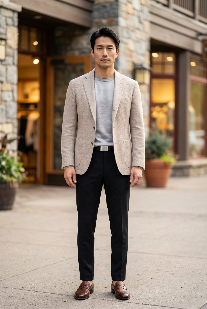 洗練のベージュとソフトツイードが紡ぐ、春夏の高原リトリート