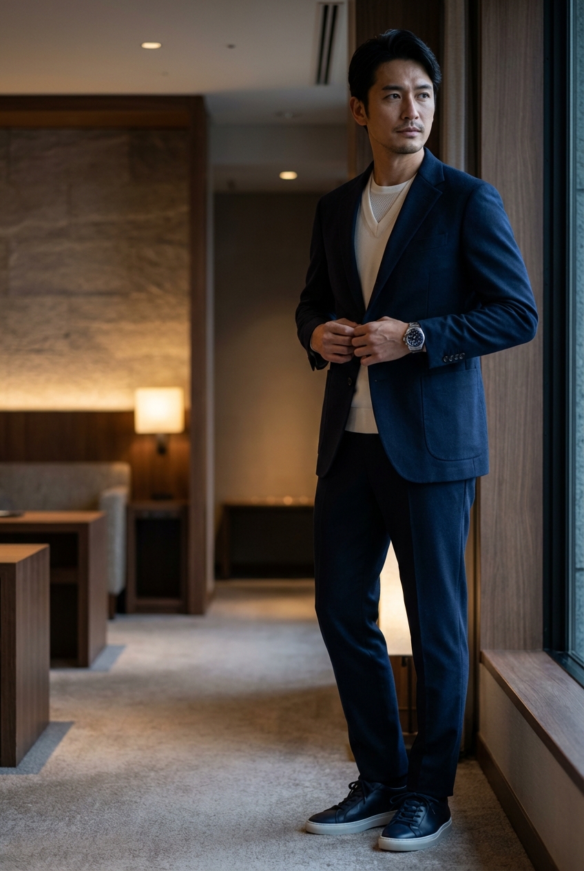 撥水ウールのトラベルセットアップで品格を纏う、夜のネイビー出張スタイル