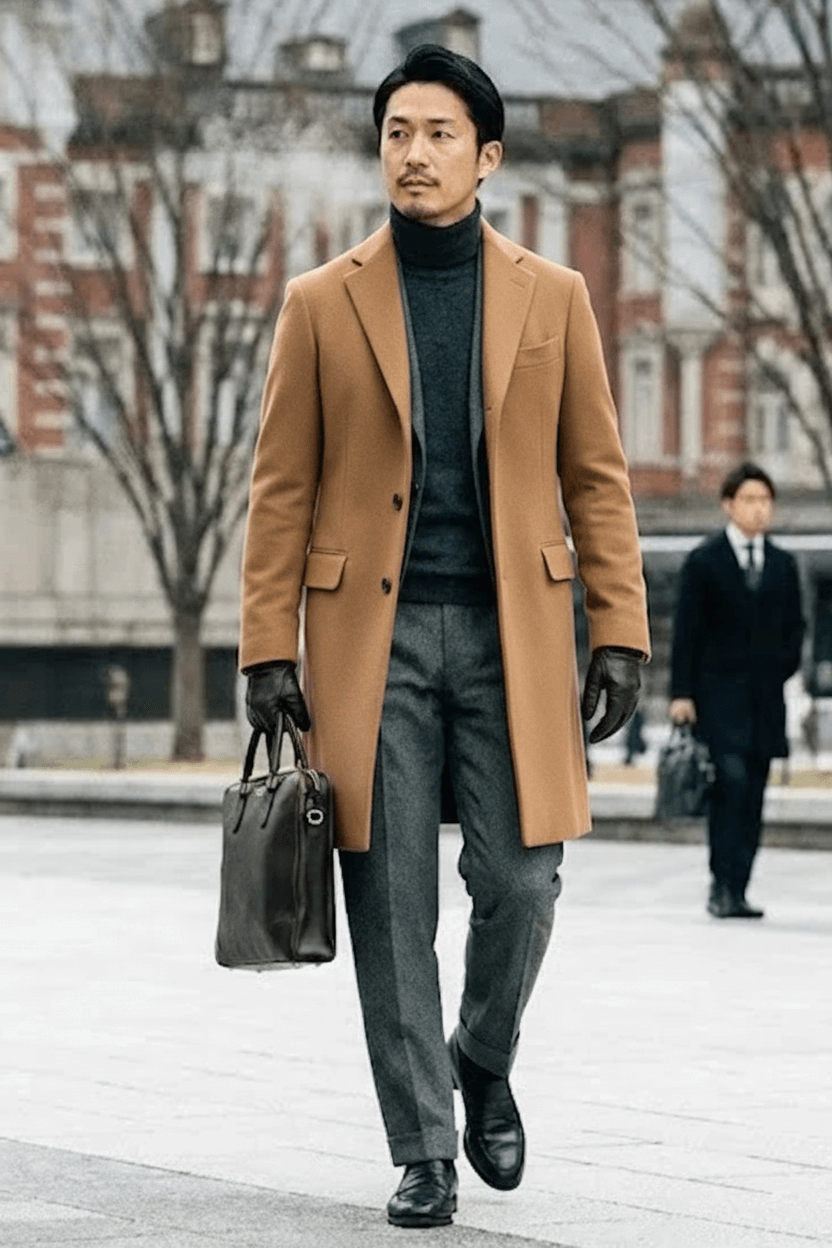 洗練のエレガンス「キャメルチェスター×モノトーンレイヤード」