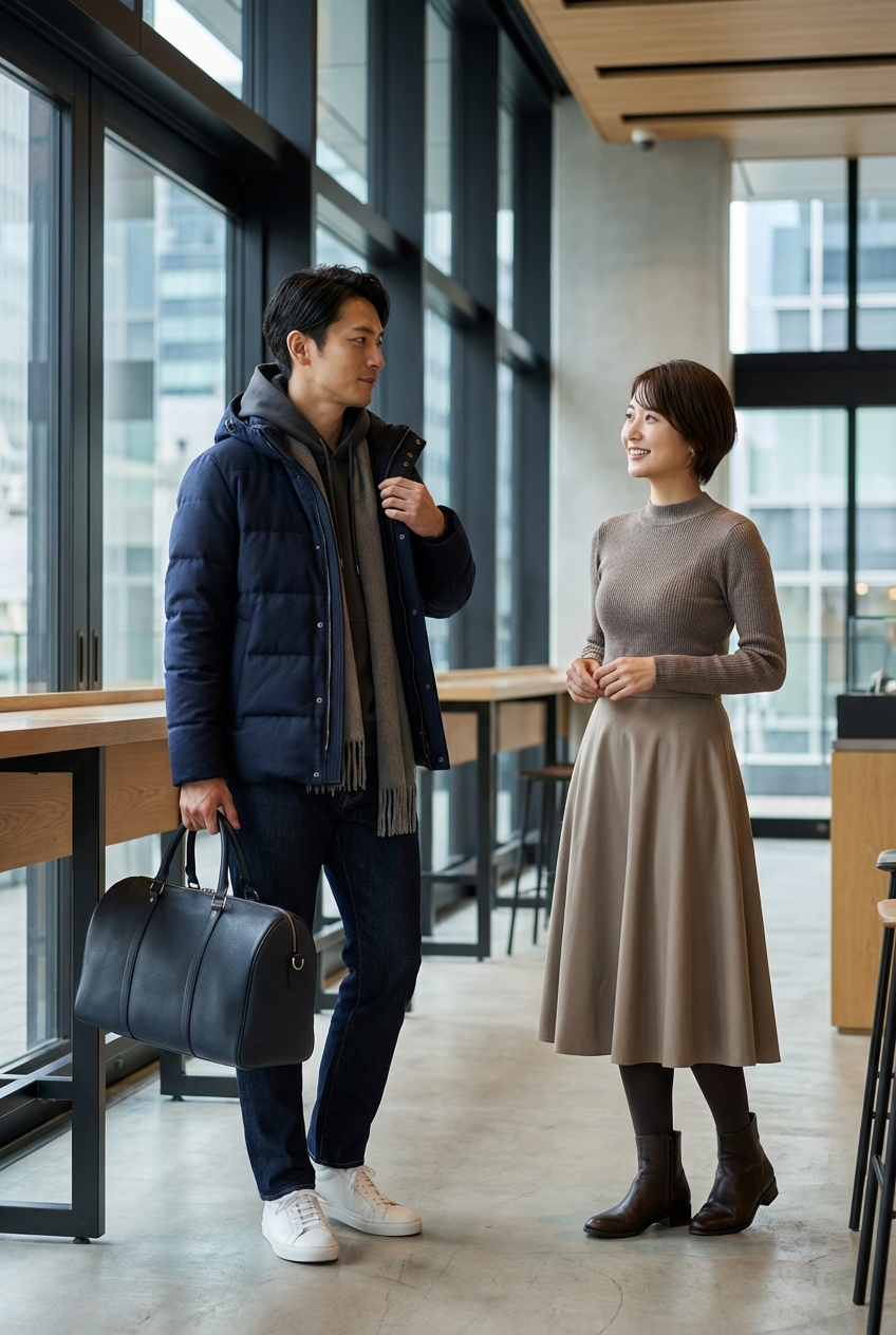 白のプレミアムレザースニーカーが映えるチャコールグレーの洗練された週末カフェワーク