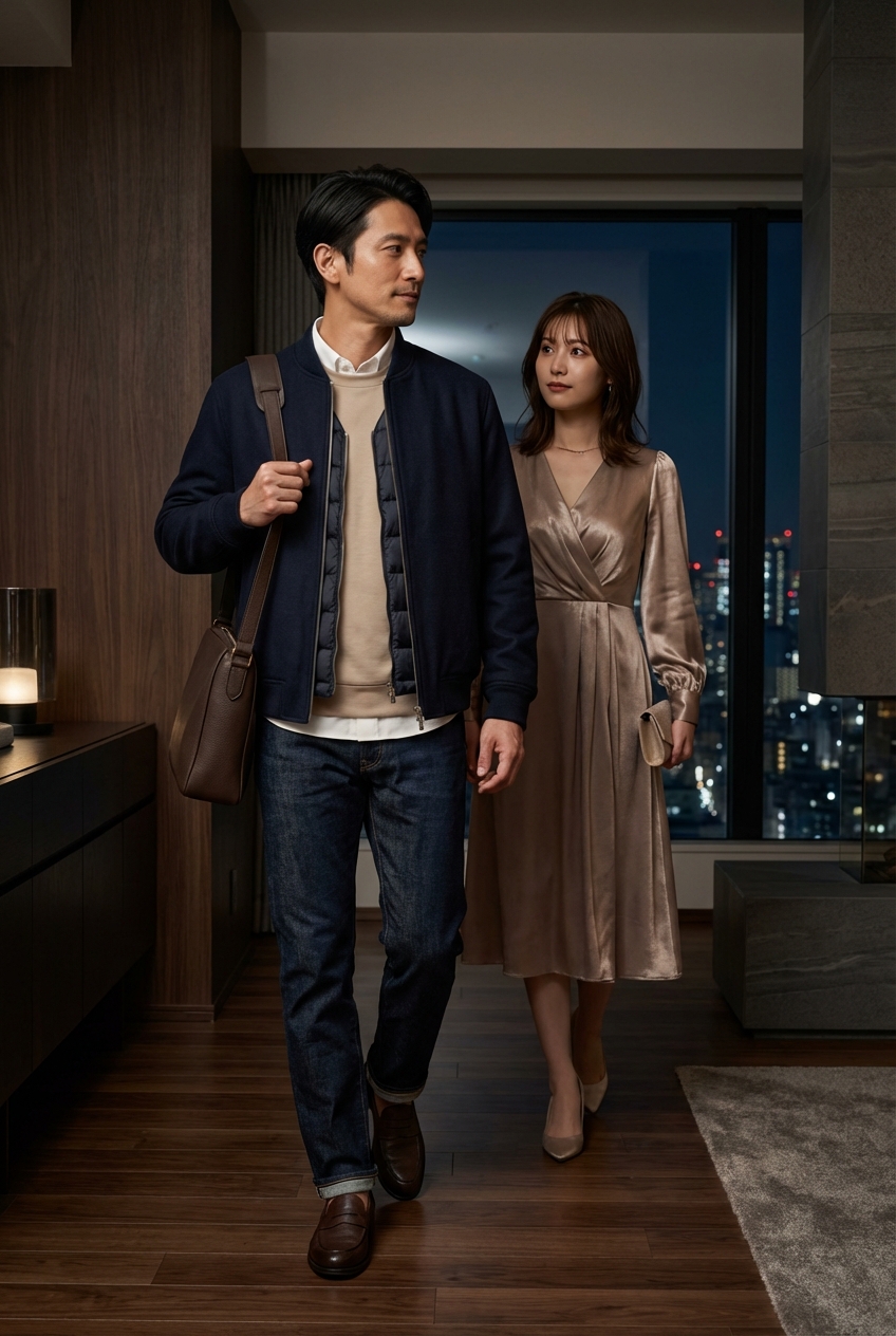 上質ウールのライトボンバージャケットとベージュで彩る夜景ラウンジのスウェットスタイル