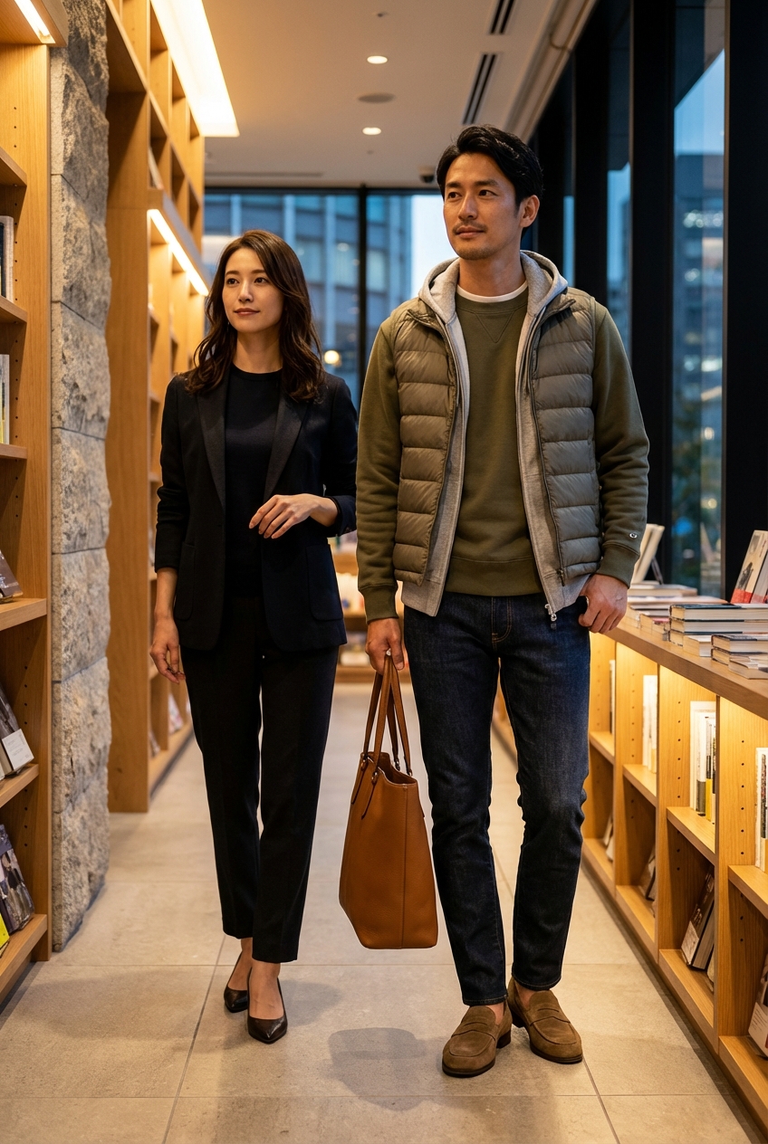 オリーブの上質スウェットで品良く装う、秋の夜の都会的カフェワークスタイル