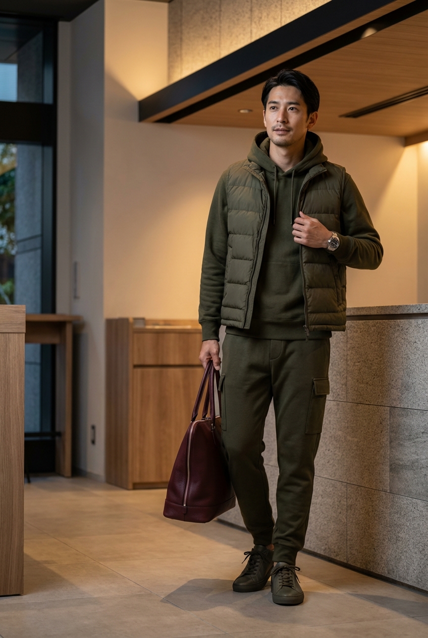 オリーブの上質なスウェットパンツで装う、夕暮れの都会的カフェワークスタイル