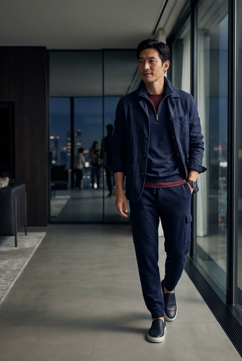 ネイビーのシーアイランドコットンで寛ぐ、夜景ラウンジの極上スウェットスタイル