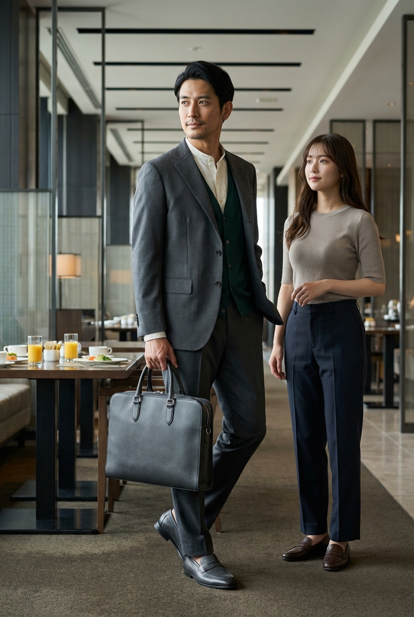 アイボリーのリネンシャツで彩る、チャコールグレーのホテル朝食ミーティング