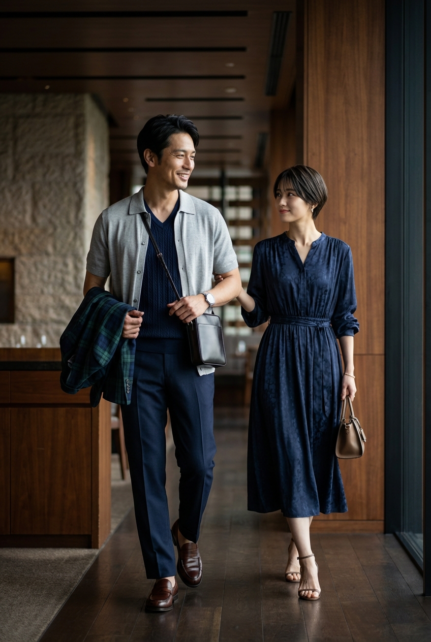 ネイビーを纏う週末、ブラックウォッチ柄ジャケットを携えた夏のレセプションスタイル