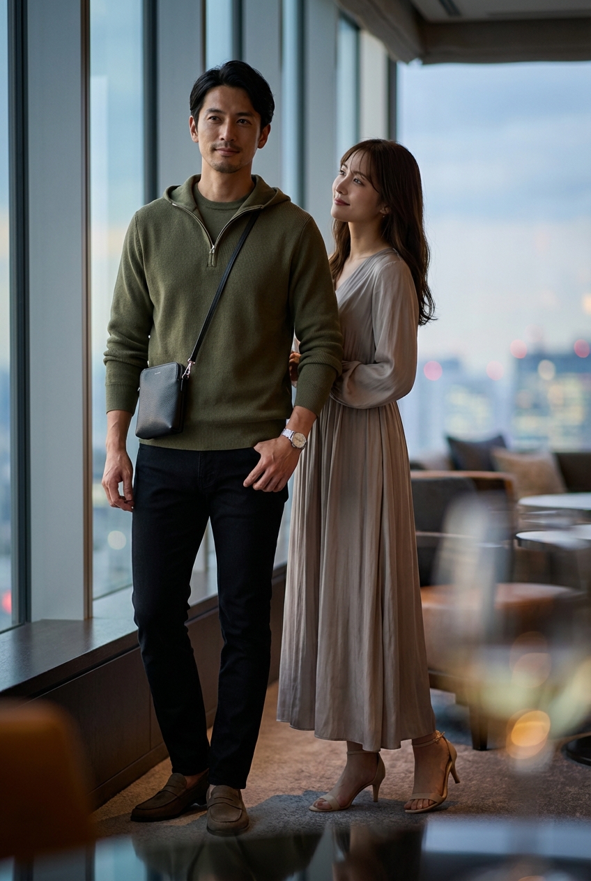 シーアイランドコットンのオリーブフーディーで綴る、夏の夜景ラウンジ