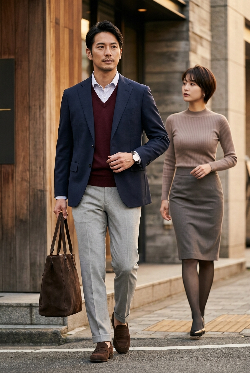 ライトグレーのテーパードスラックスが主役のネイビービジネスカジュアル