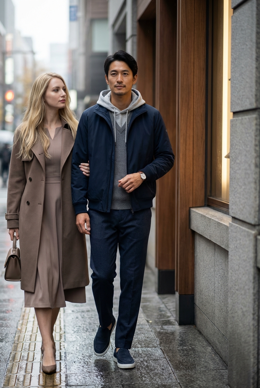 撥水素材のテックブルゾンとチャコールグレーで彩る、雨上がりの秋のシティ散歩