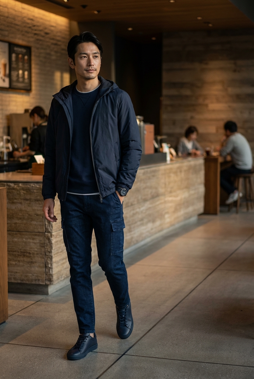 薄手ナイロンとネイビーで構成する、週末カフェワークの都会スタイル