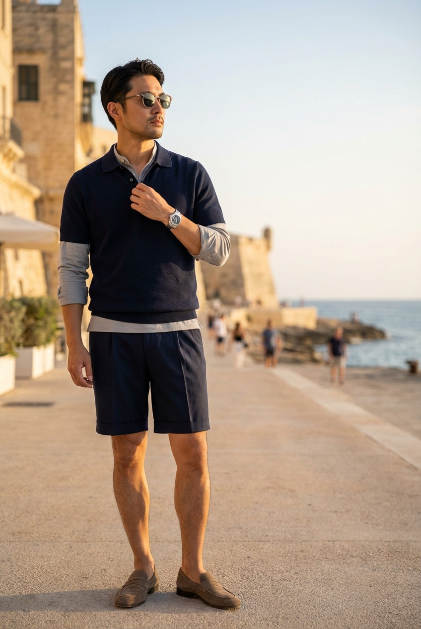 ネイビーのサマーウールプリーツショーツで彩るリゾートの夕暮れ