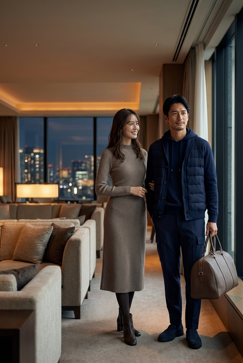 夜景を望むラウンジで纏うネイビーのテクニカルウールカーゴパンツと極上カシミヤ