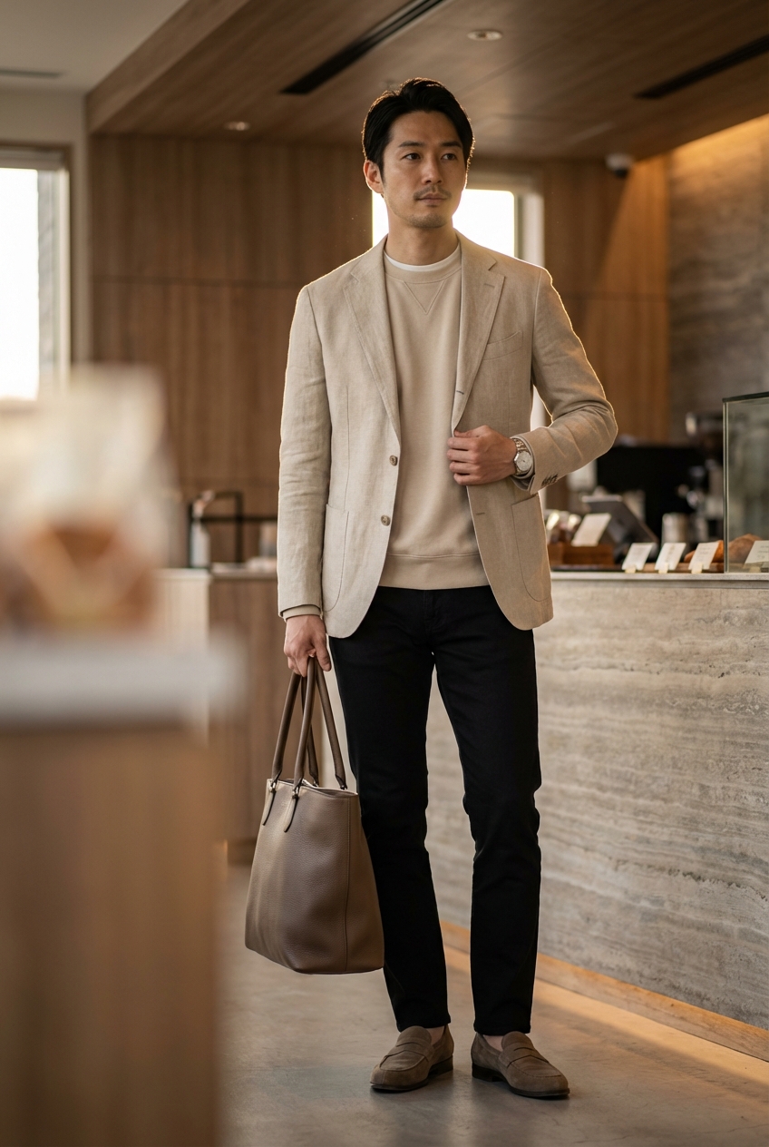 ブラックデニムのスリムトラウザーをベージュで品良く着こなす都会の週末