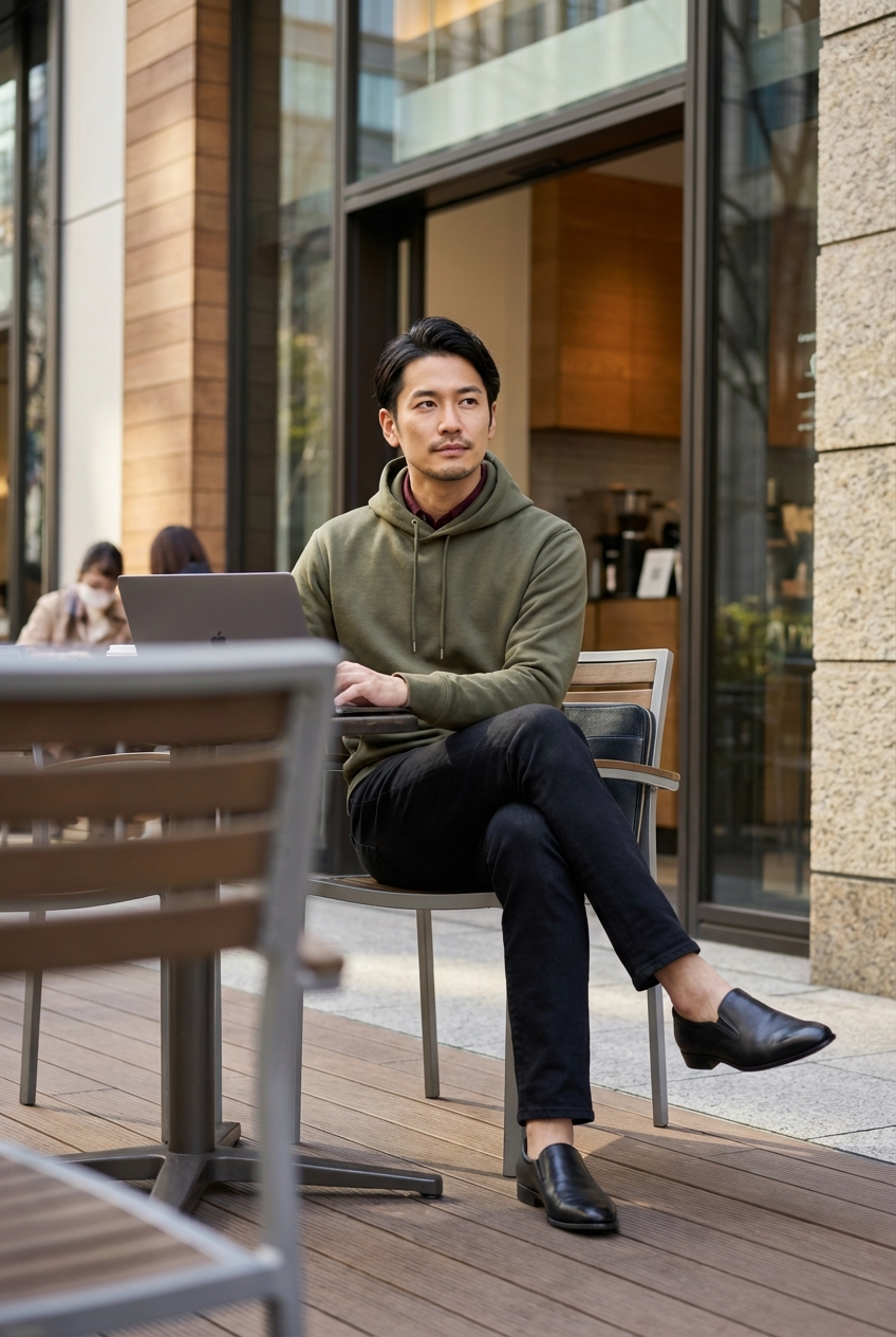 上質なオリーブのフーディースウェットで彩る、春の都会的な週末カフェワーク