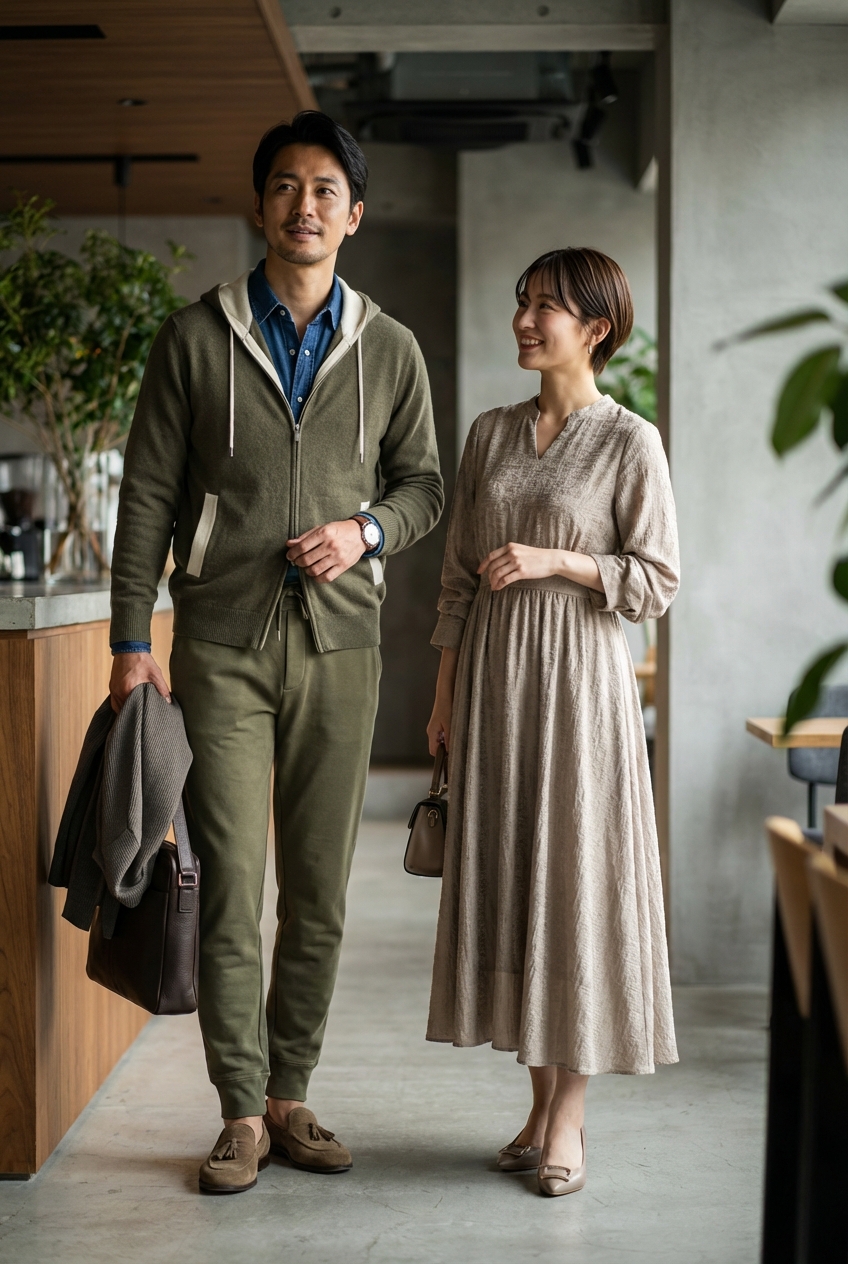 オリーブのスウェットパンツと上質パーカーで綴る夜のカフェワーク