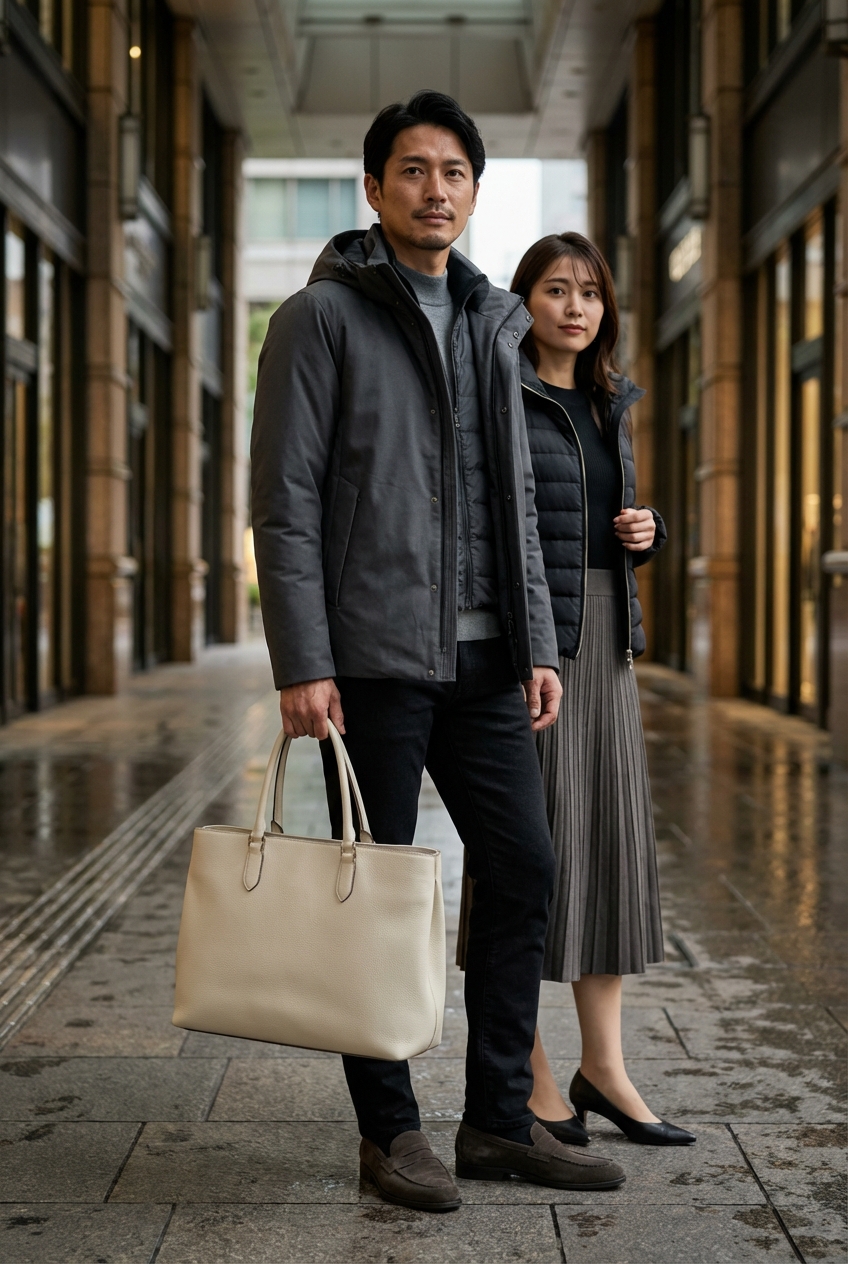 チャコールグレーの撥水テックパーカーで綴る、雨上がりの洗練されたシティ散歩