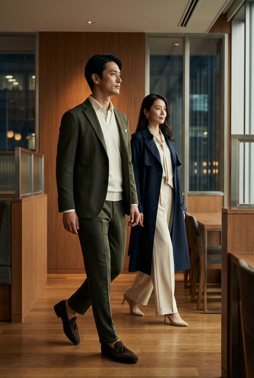 オリーブのセットアップとタッセルローファーで魅せる秋の夜のビジネスカジュアル