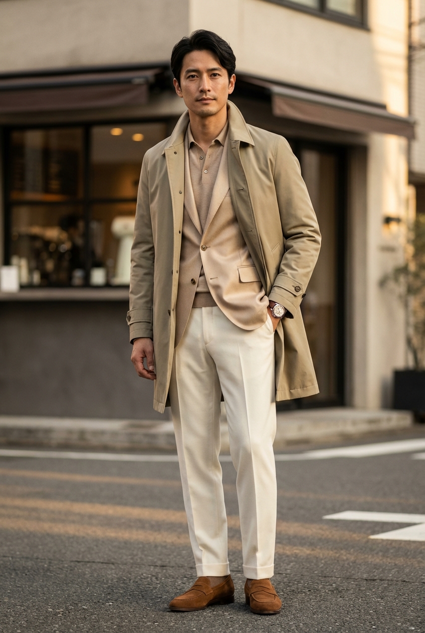 柔和な陰影が織りなすベージュの旋律、知性と余裕を纏う夕暮れの装い