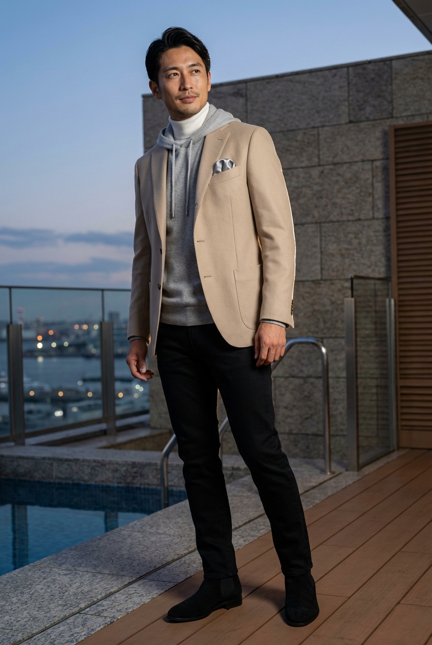 ベージュの気品とブラックデニムが織りなす夜のリゾートラグジュアリー