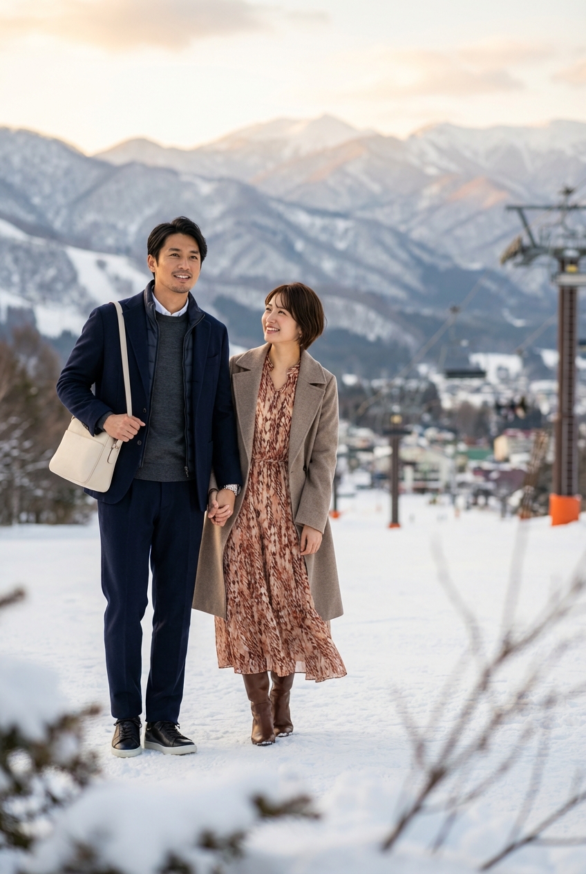 チャコールグレーのシルク混ニットで綴る、春の高原リゾートを彩る気品ある装い