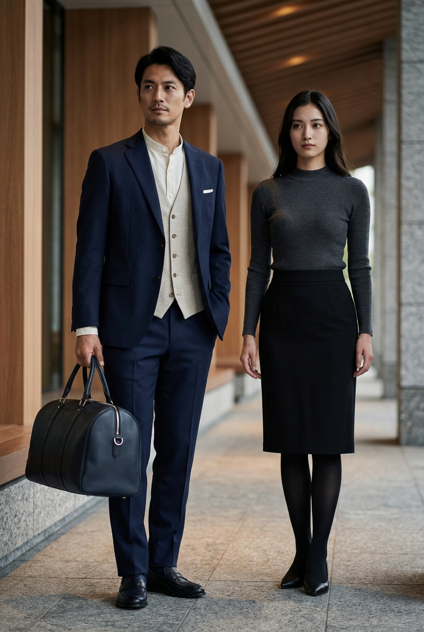 撥水ウールのトラベルセットアップで装う、ネイビーを基調とした夏の出張スタイル