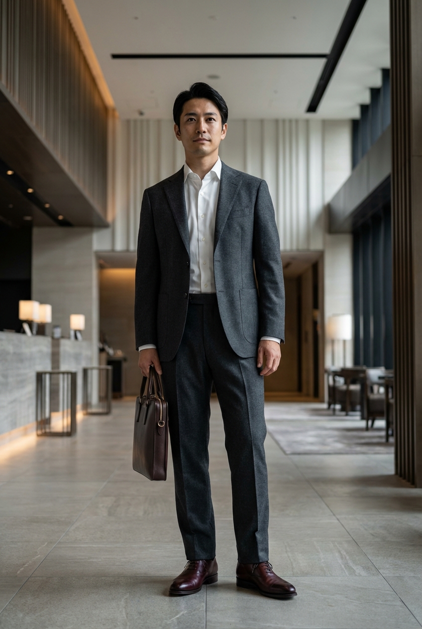 上質レザーのスリムブリーフケースが導く、チャコールグレーの洗練出張