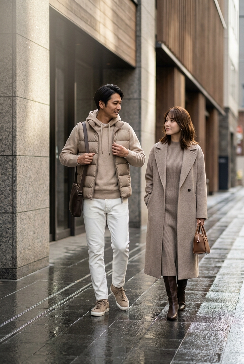 雨上がりの街を歩く、ベージュのカシミヤ混ミニマルパーカーで綴る洗練スポーティ