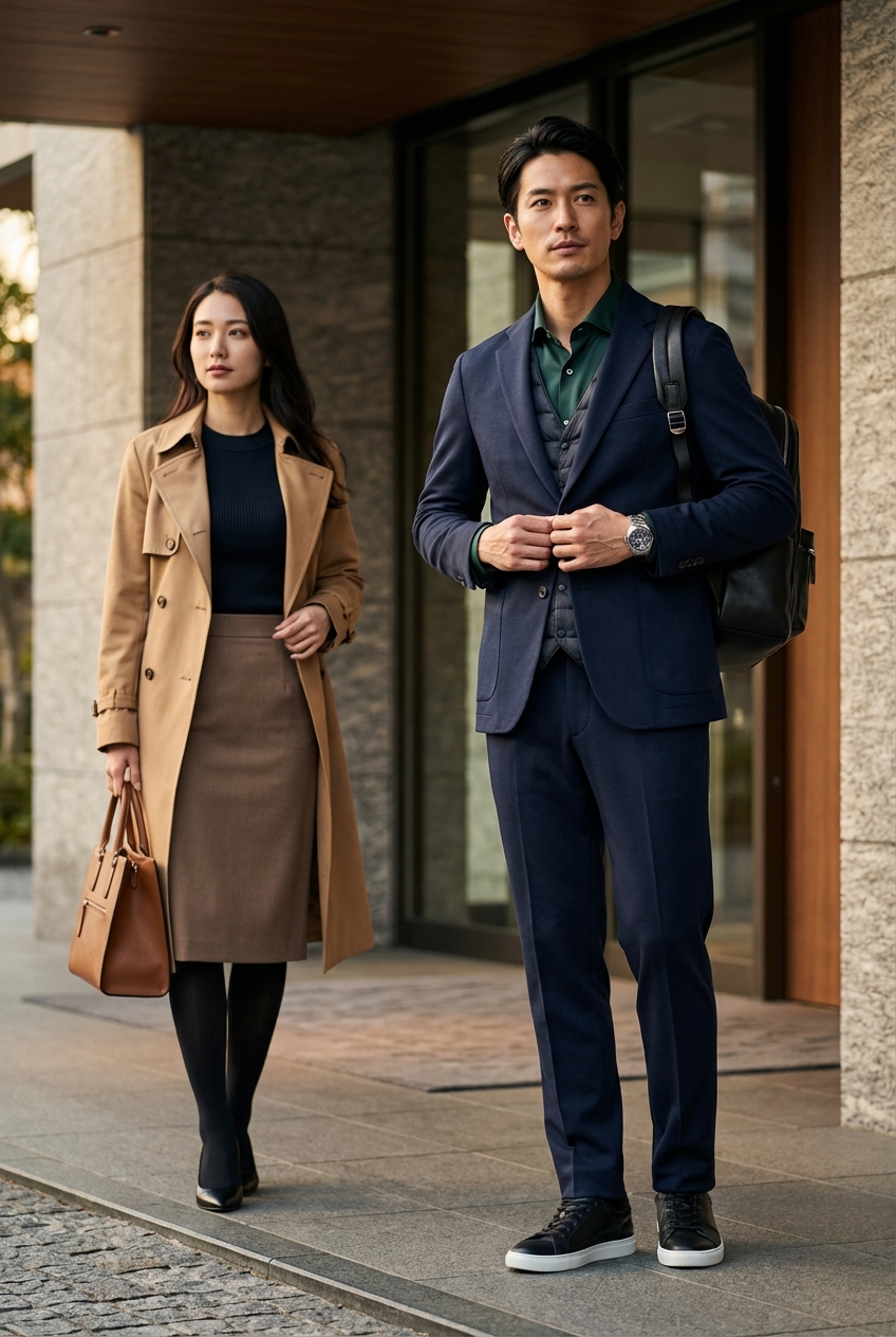 オリーブのジャージーセットアップと黒革バックパックで装う、夕刻のエグゼクティブ出張。