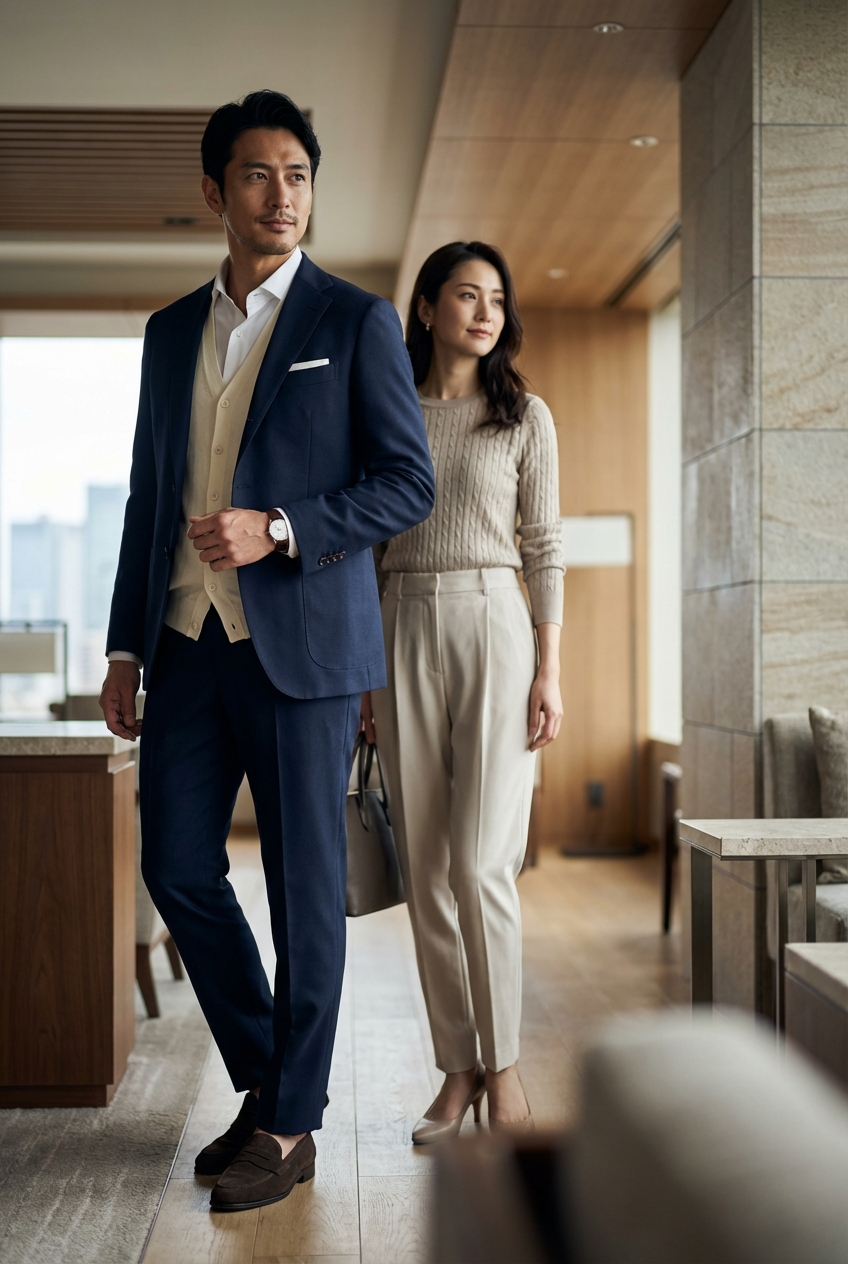 撥水ウールのトラベルセットアップとネイビーで綴る、夏の洗練された出張スタイル