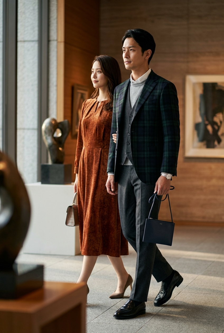 ブラックウォッチ柄のジャケットとチャコールグレーで装う週末のレセプション