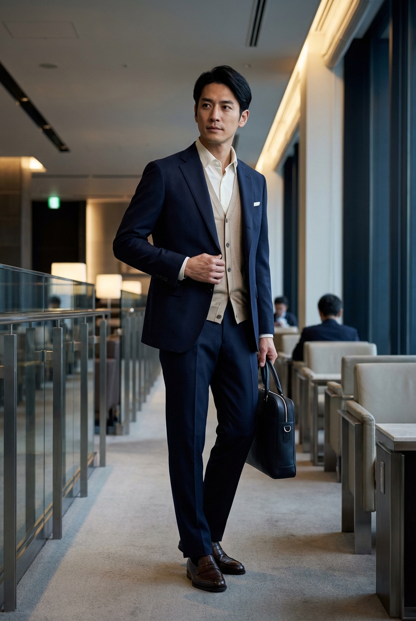 ベージュのメリノウールニットベストで彩る、夜のエグゼクティブ出張スタイル