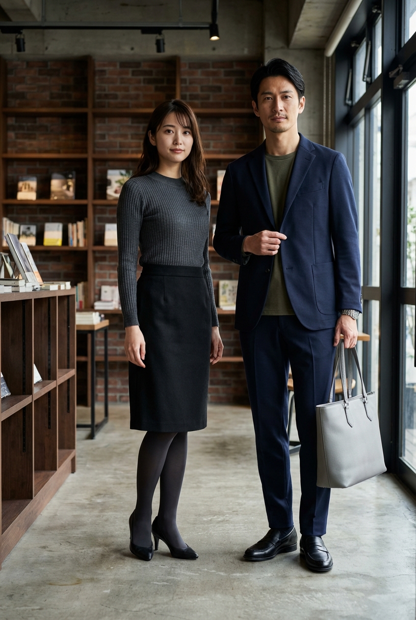 ネイビーのアンコンジャケットセットアップで彩るオリーブの洗練ビジネスカジュアル