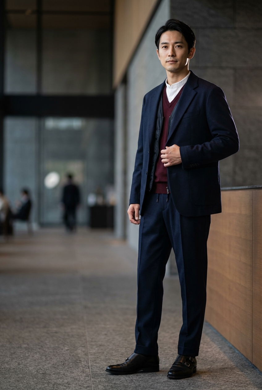 ネイビーのセットアップで挑む、シングルモンクが自信を演出する勝負のプレゼン