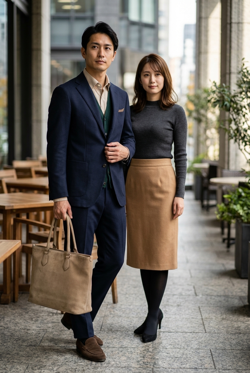 ネイビーのアンコンジャケットとベージュで綴る、秋の洗練ビジネスカジュアル