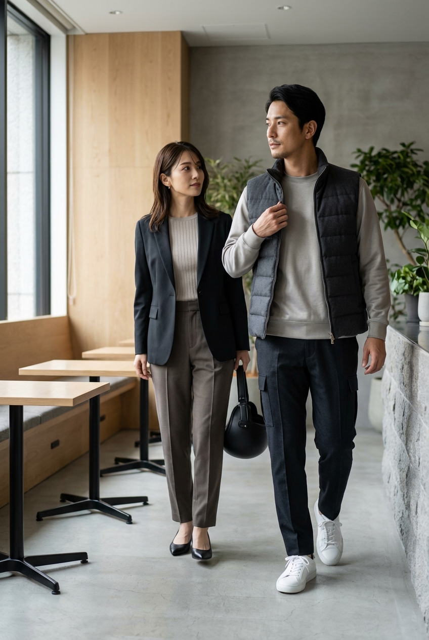 チャコールグレーのスウェットと白のレザースニーカーで寛ぐ週末カフェワークの装い