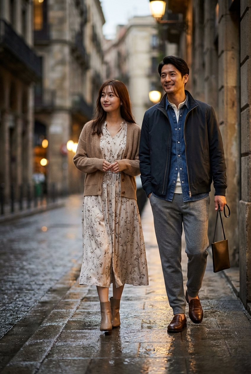 ネイビーの上質スウェットパンツが導く、雨上がりの都会的な散歩スタイル