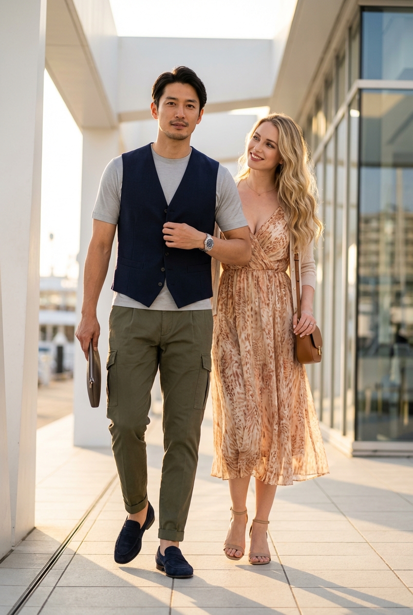 洗練のオリーブカーゴと夏ウール。夕刻のリゾートを優雅に愉しむミニマルスタイル