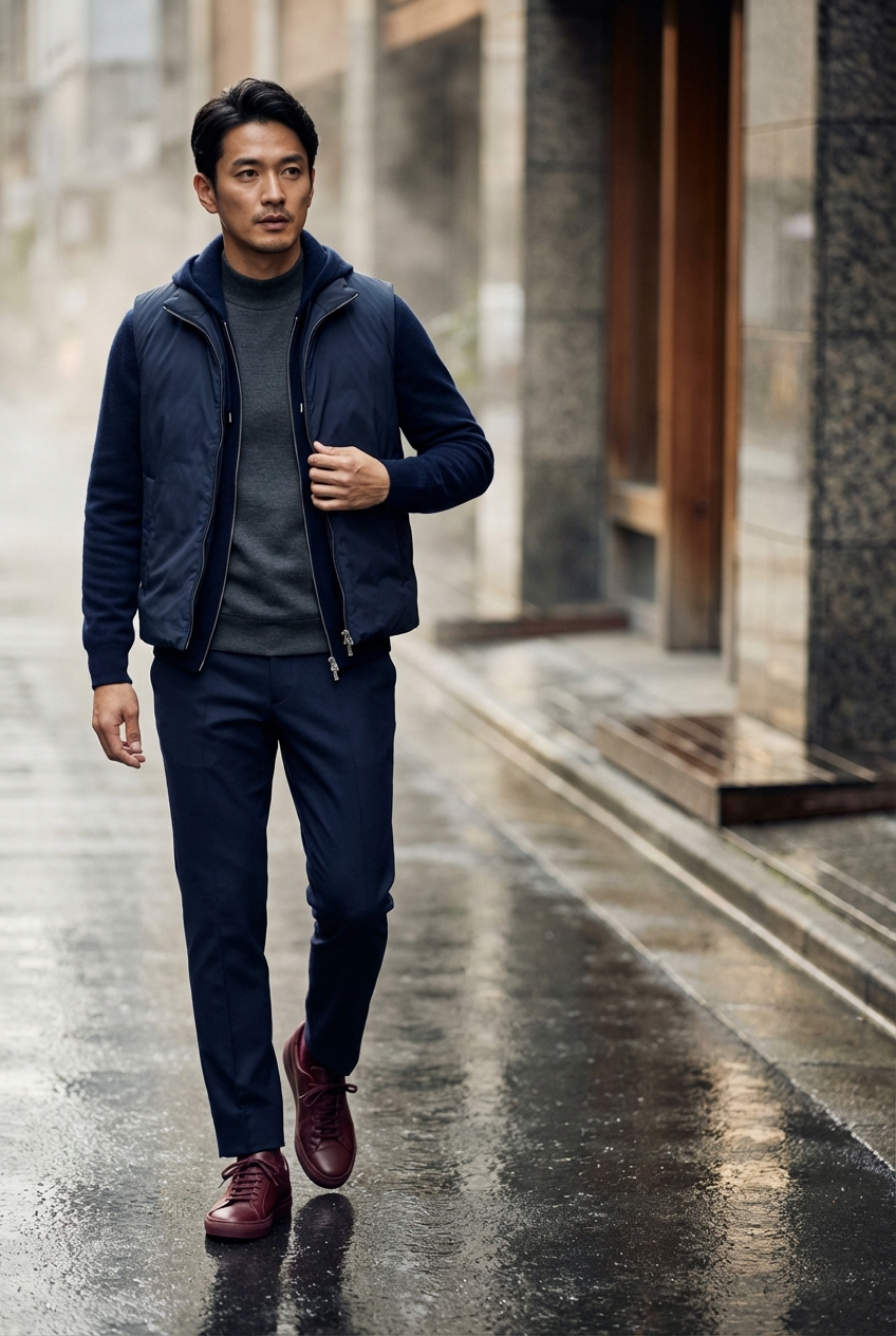 チャコールグレーのモックネックスウェットで歩く、雨上がりの洗練された春の街