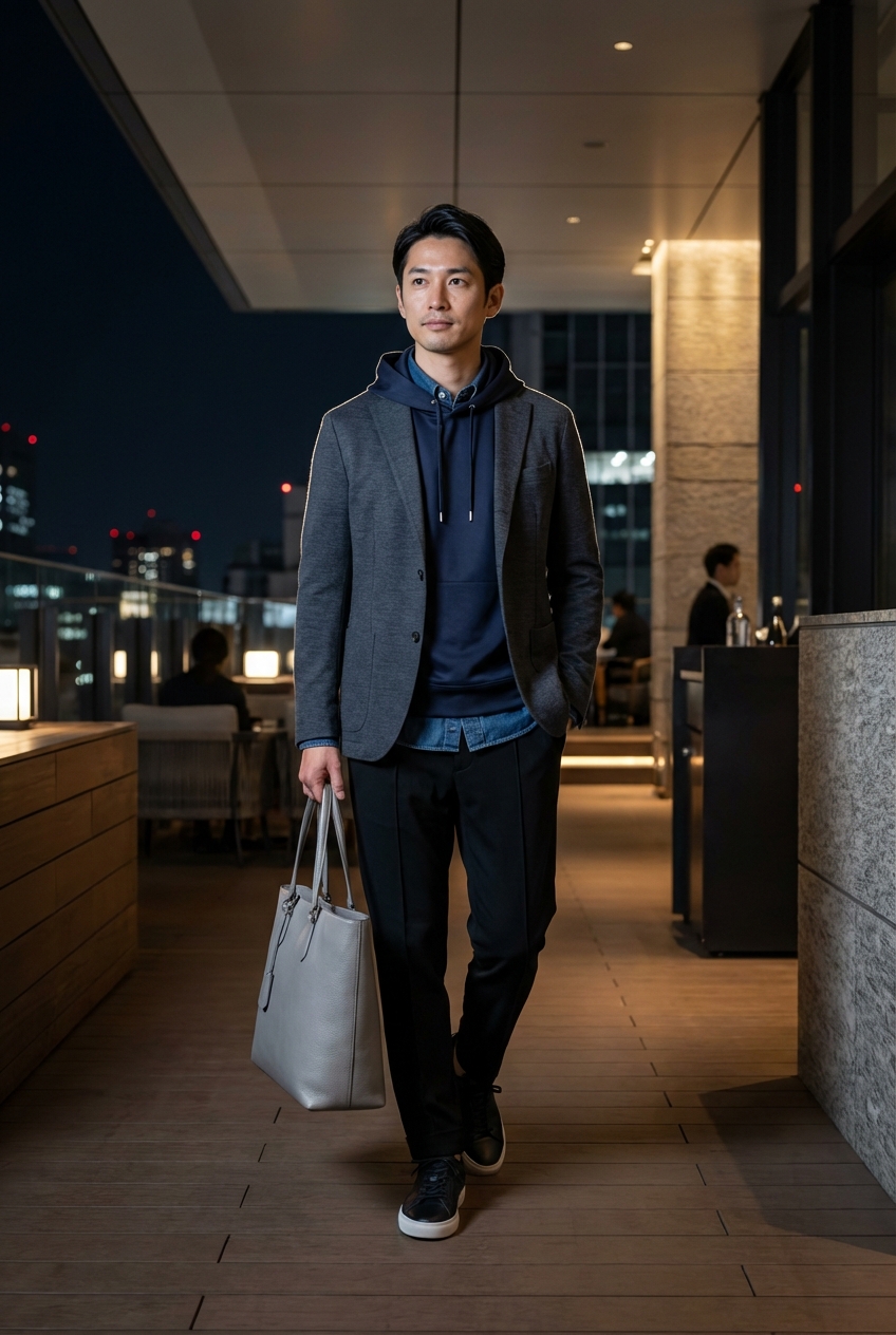 ネイビーのシルク混パーカーとブラックパンツで装う夜景ラウンジの休日