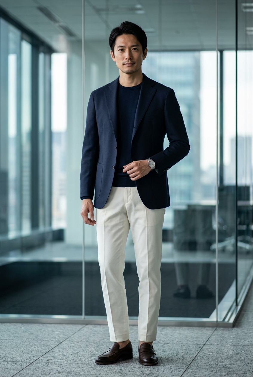 知性と潔さを纏う、ネイビーと白の対比が導く究極のプレゼンスタイル