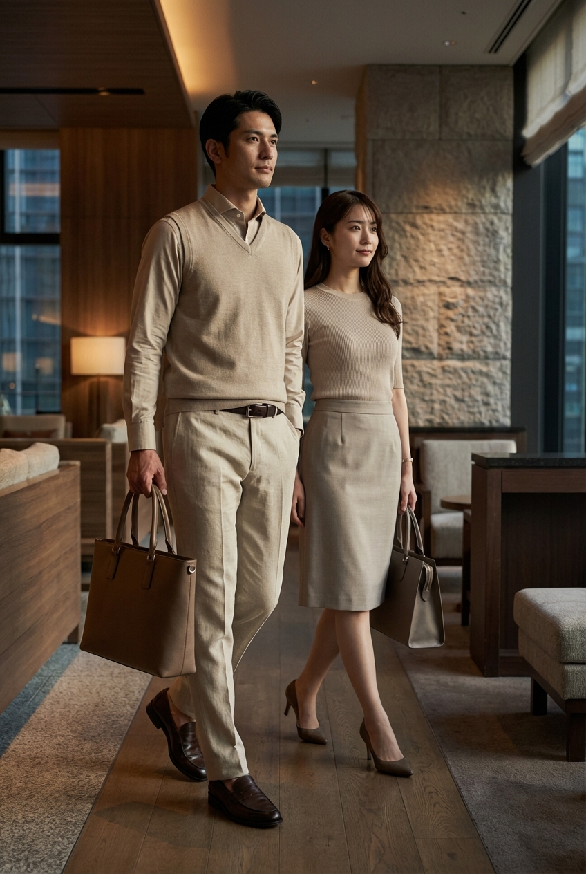 出張先の夜を彩るベージュの装いとダークブラウンのベルトで綴る信頼感