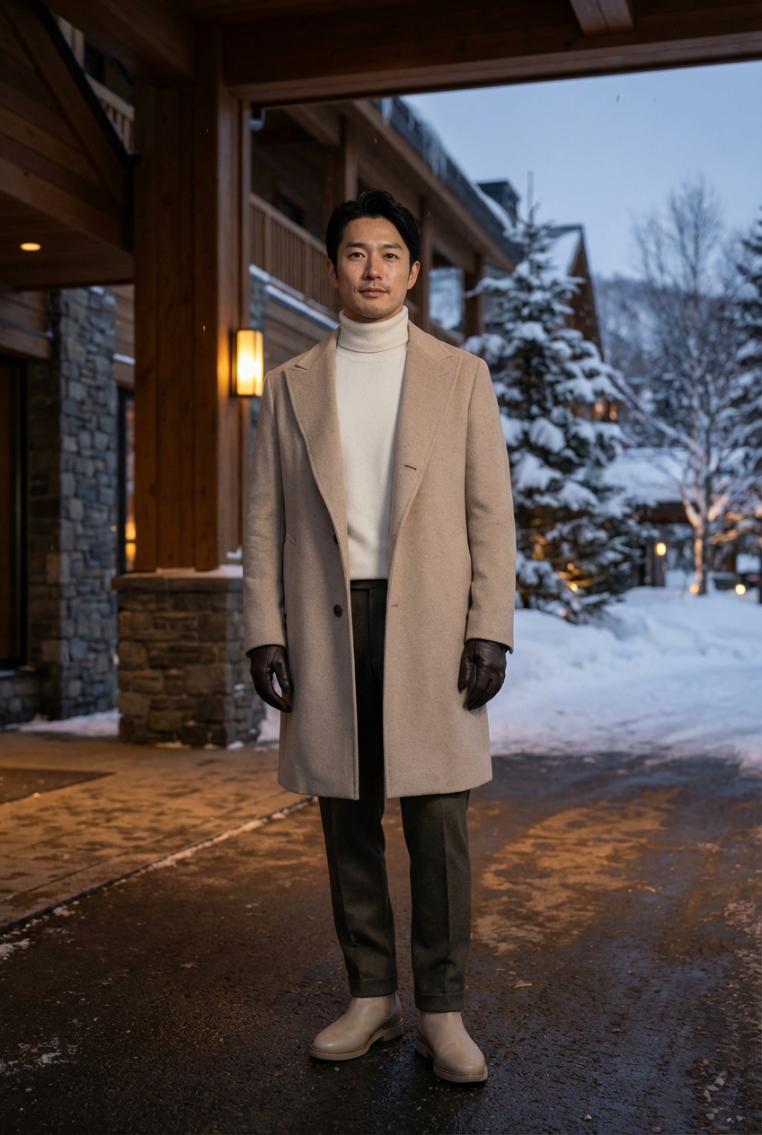 銀世界の夕暮れに映える、カシミヤ混の優美なドレープと品格ある装い