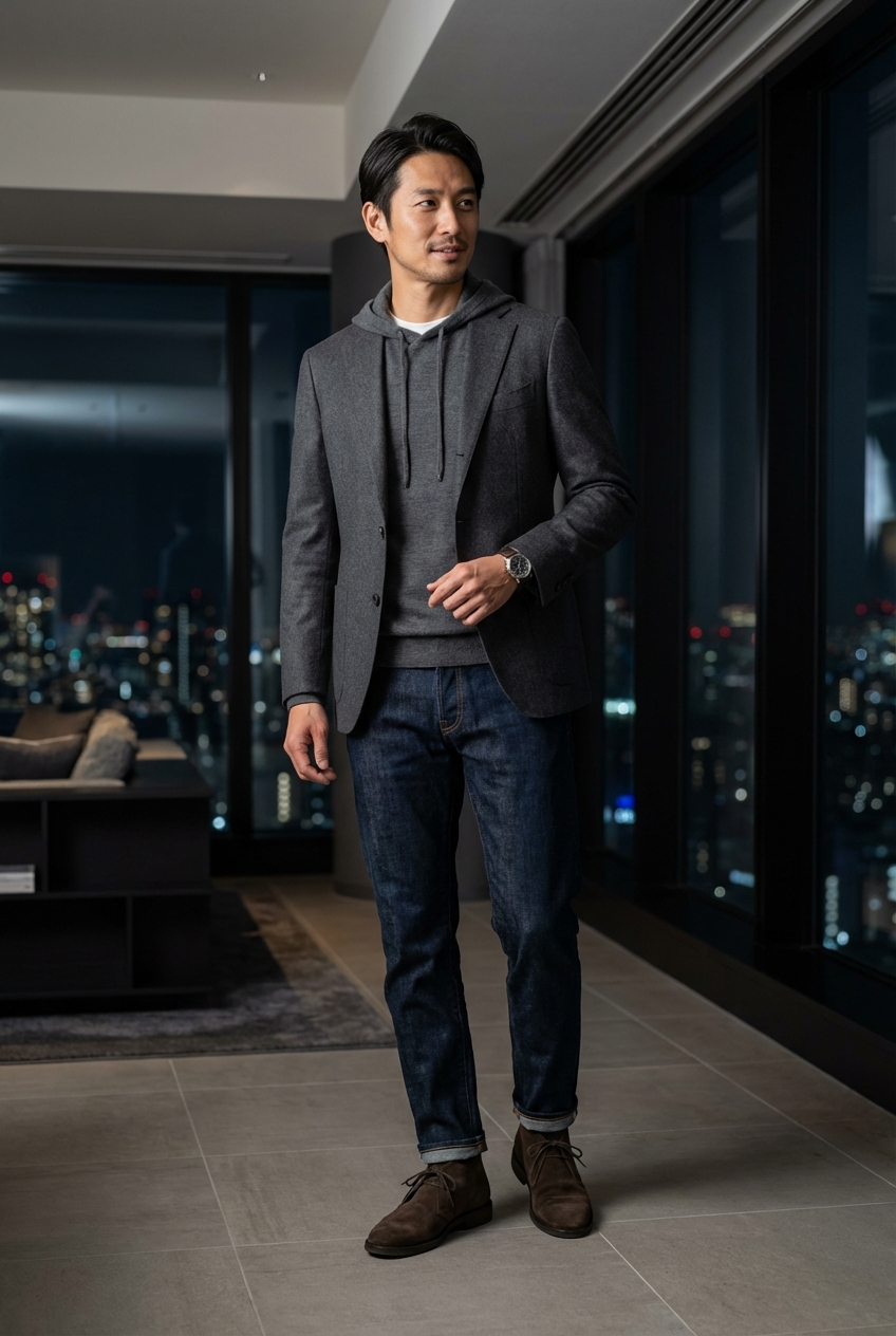 夜景ラウンジを愉しむ、チャコールグレーの上質セルビッジデニム・ラグジュアリー