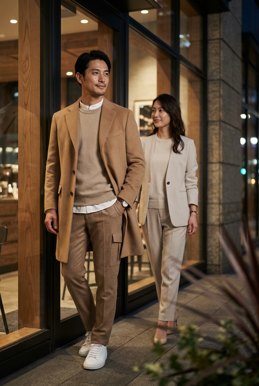 ベージュの夜のカフェワーク、白のプレミアムレザースニーカーで知的な抜け感を