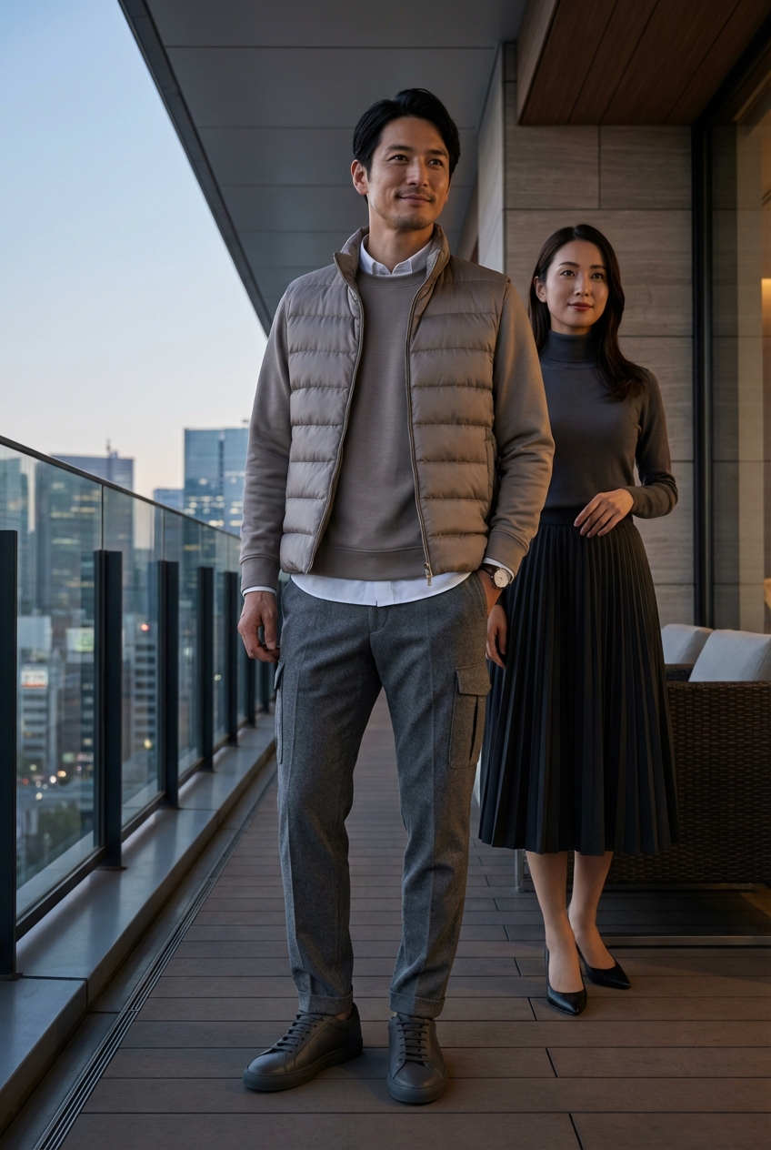 ネイビーが導く都会の上品さ、ダークグレーのレザースニーカーで寛ぐ夜景ラウンジ