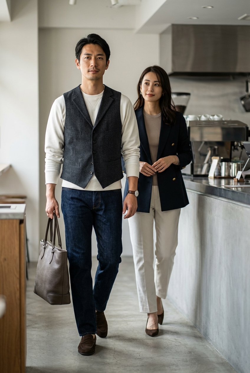 冬のカフェに馴染む、ヘビーウェイトスウェットとオリーブが魅せる都会的リラックス