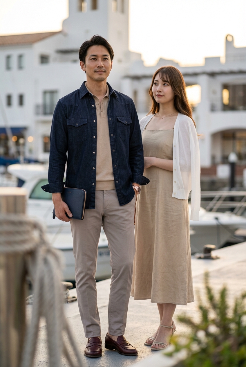 ベージュの艶を纏い、ライトトープのトラウザーズで過ごす優雅なリゾートの夕べ