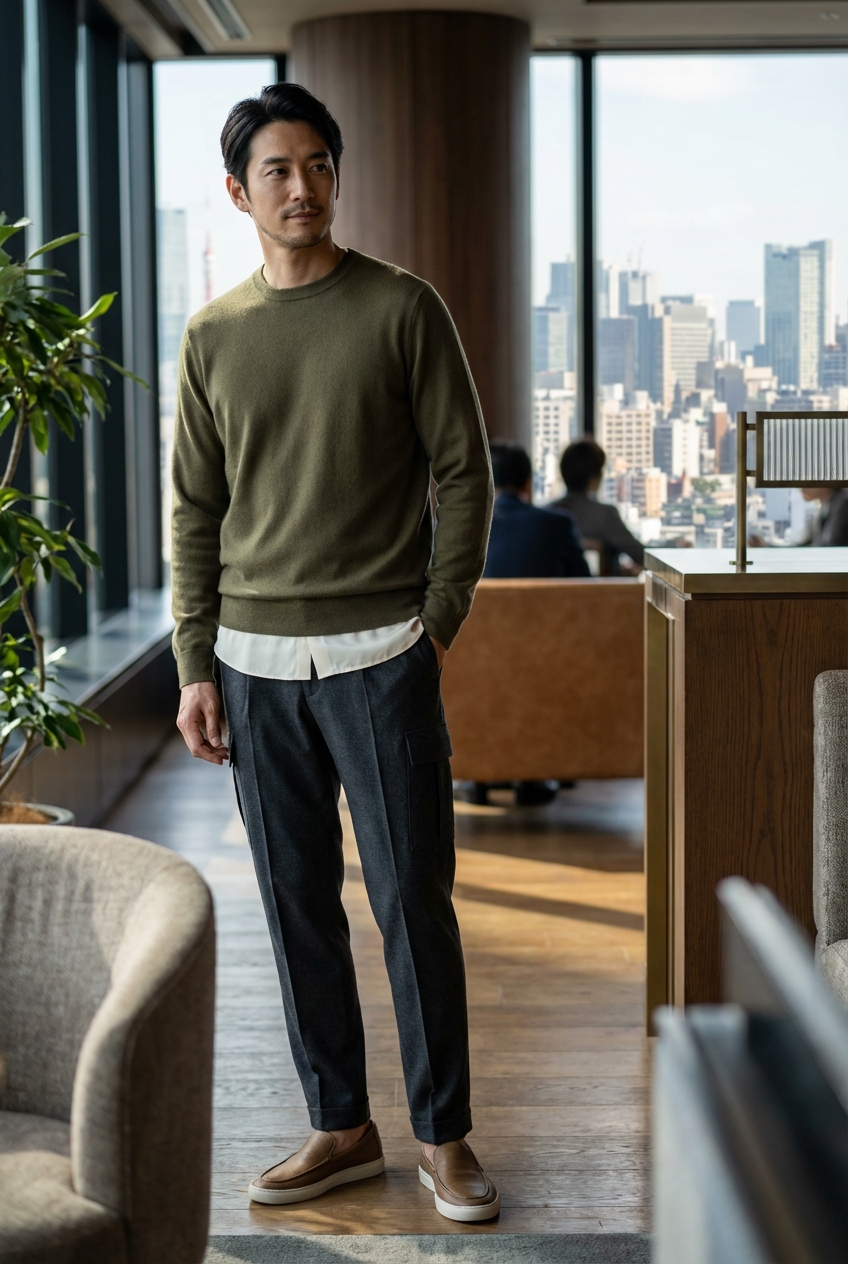カシミヤジャージーのオリーブスウェットで愉しむ、都会のラウンジ休日。