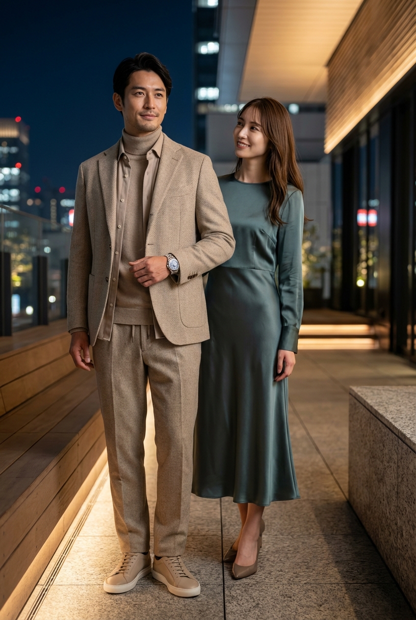 ベージュのハイネックニットと綾織ウールのセットアップで綴る、週末レセプションの品格